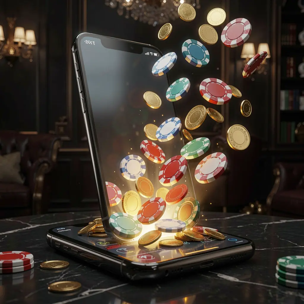 PI787 online gaming app displayed on a smartphone screen glowing with casino chips and coins emerging, set against a luxury dark background with cinematic lighting in a high detail 3D render PI787 online gaming app displayed on a smartphone screen glowing with casino chips and coins emerging, set against a luxury dark background with cinematic lighting in a high detail 3D render