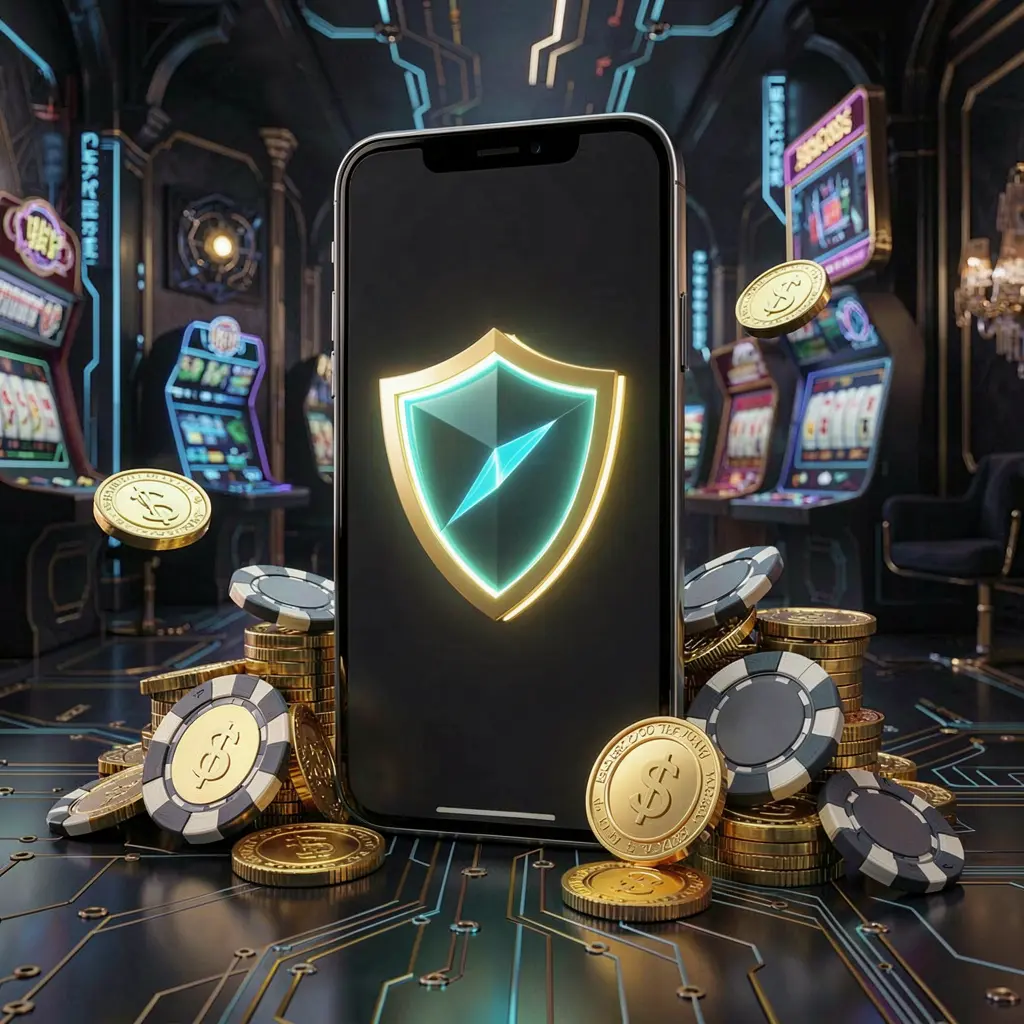 PI787 secure mobile casino app concept showing a smartphone with a glowing shield icon surrounded by golden coins and chips on a dark luxury cyber background PI787 secure mobile casino app concept showing a smartphone with a glowing shield icon surrounded by golden coins and chips on a dark luxury cyber background
