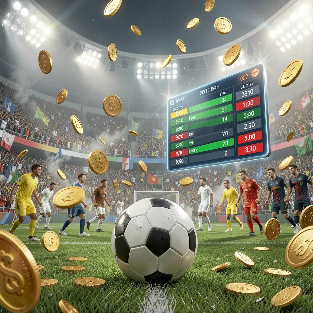 Realistic 3D illustration of a football match atmosphere in a packed stadium with a soccer ball in the foreground, floating digital odds interface, and golden coins flying, representing sports betting on the PI787 platform in the Philippines Realistic 3D illustration of a football match atmosphere in a packed stadium with a soccer ball in the foreground, floating digital odds interface, and golden coins flying, representing sports betting on the PI787 platform in the Philippines