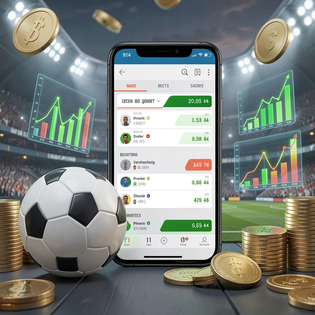 PI787 football prediction betting scene showing a smartphone with match statistics interface, soccer ball, coins, and glowing data charts floating around in a modern stadium background PI787 football prediction betting scene showing a smartphone with match statistics interface, soccer ball, coins, and glowing data charts floating around in a modern stadium background