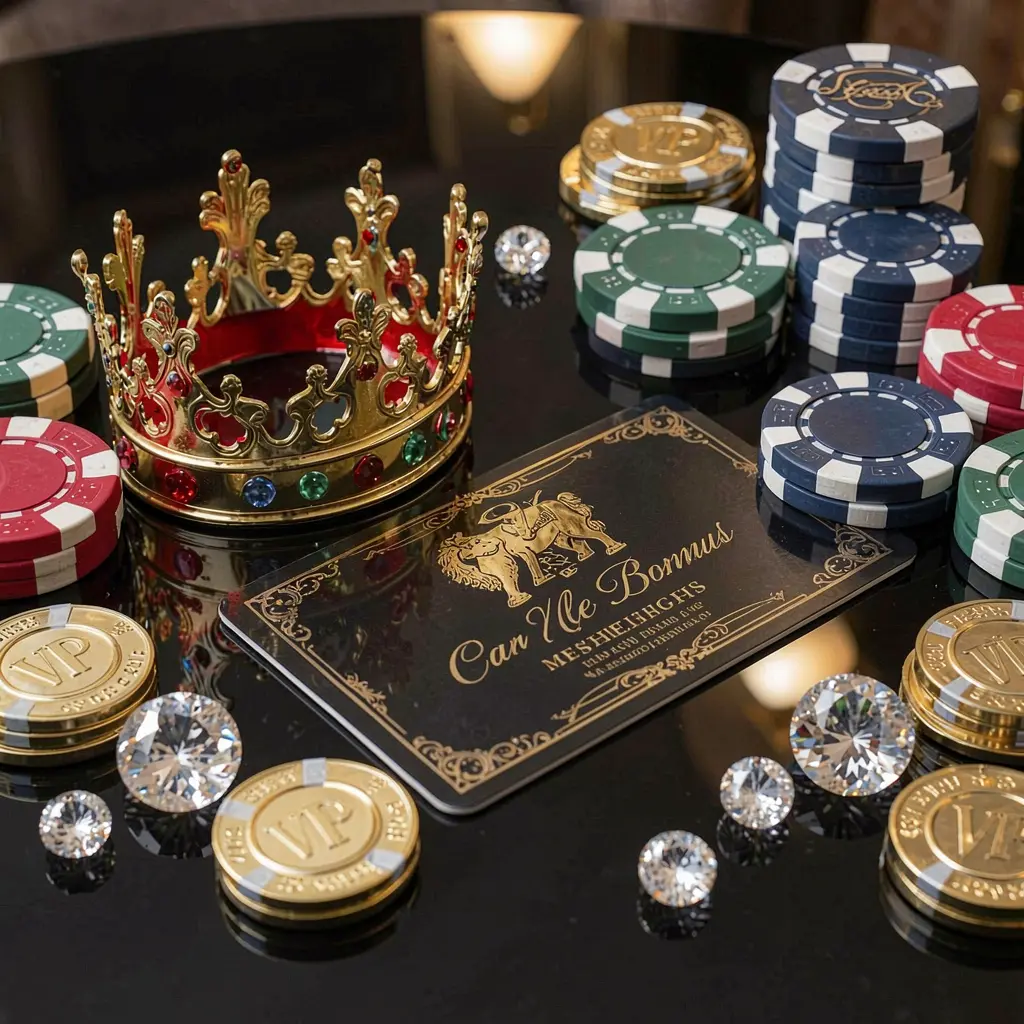 PI787 VIP casino bonus concept featuring a golden crown, luxury membership card, poker chips, diamonds, and coins displayed on a glossy black table in an elegant premium style PI787 VIP casino bonus concept featuring a golden crown, luxury membership card, poker chips, diamonds, and coins displayed on a glossy black table in an elegant premium style