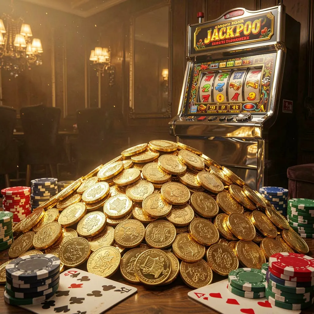 PI787 jackpot bonus scene featuring a huge pile of golden coins, a slot machine in the background, poker chips, and playing cards under cinematic luxury lighting PI787 jackpot bonus scene featuring a huge pile of golden coins, a slot machine in the background, poker chips, and playing cards under cinematic luxury lighting