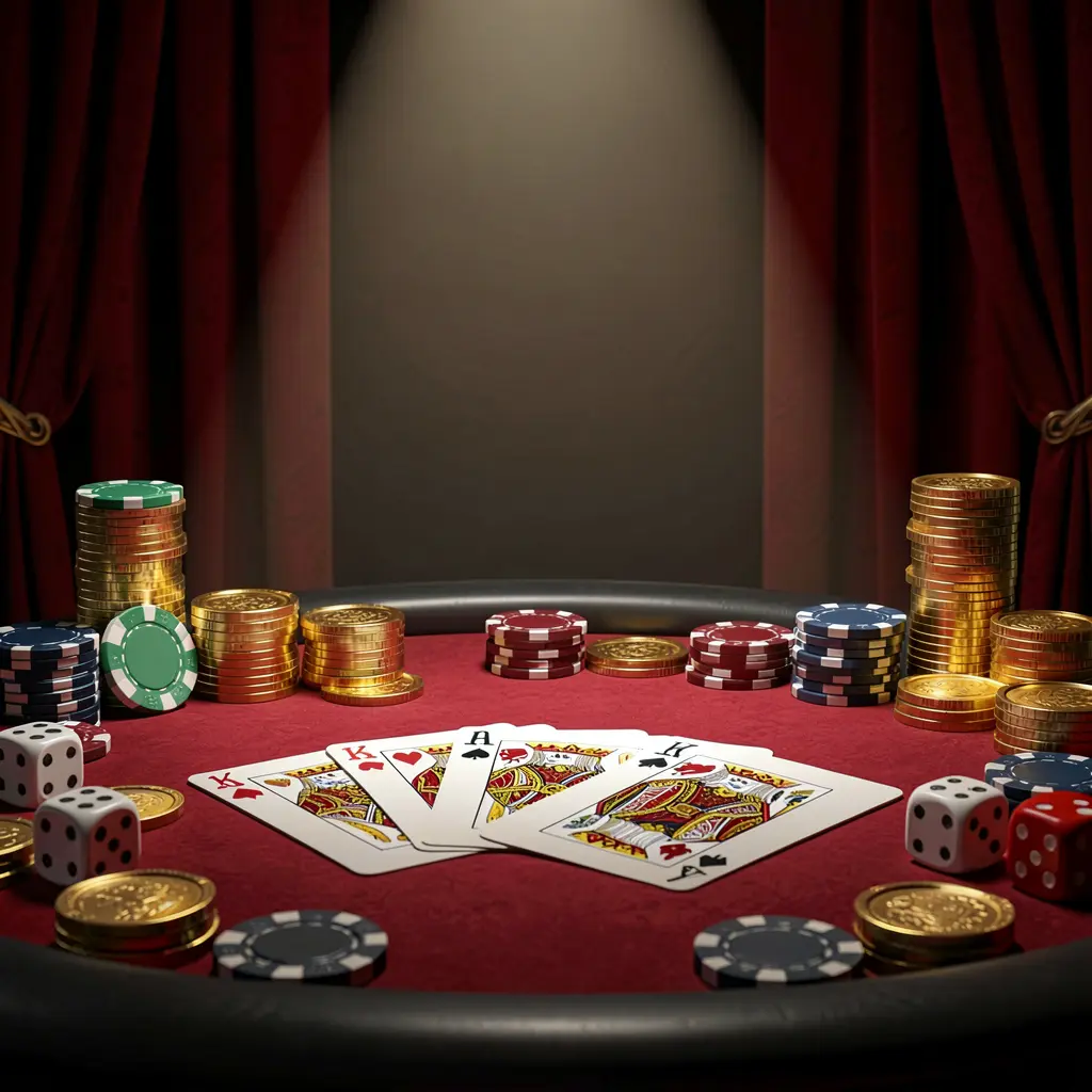 PI787 casino table featuring a royal flush poker hand, colorful poker chips, golden coins, and dice on a luxurious black and red background with dramatic spotlight in a realistic 3D render PI787 casino table featuring a royal flush poker hand, colorful poker chips, golden coins, and dice on a luxurious black and red background with dramatic spotlight in a realistic 3D render