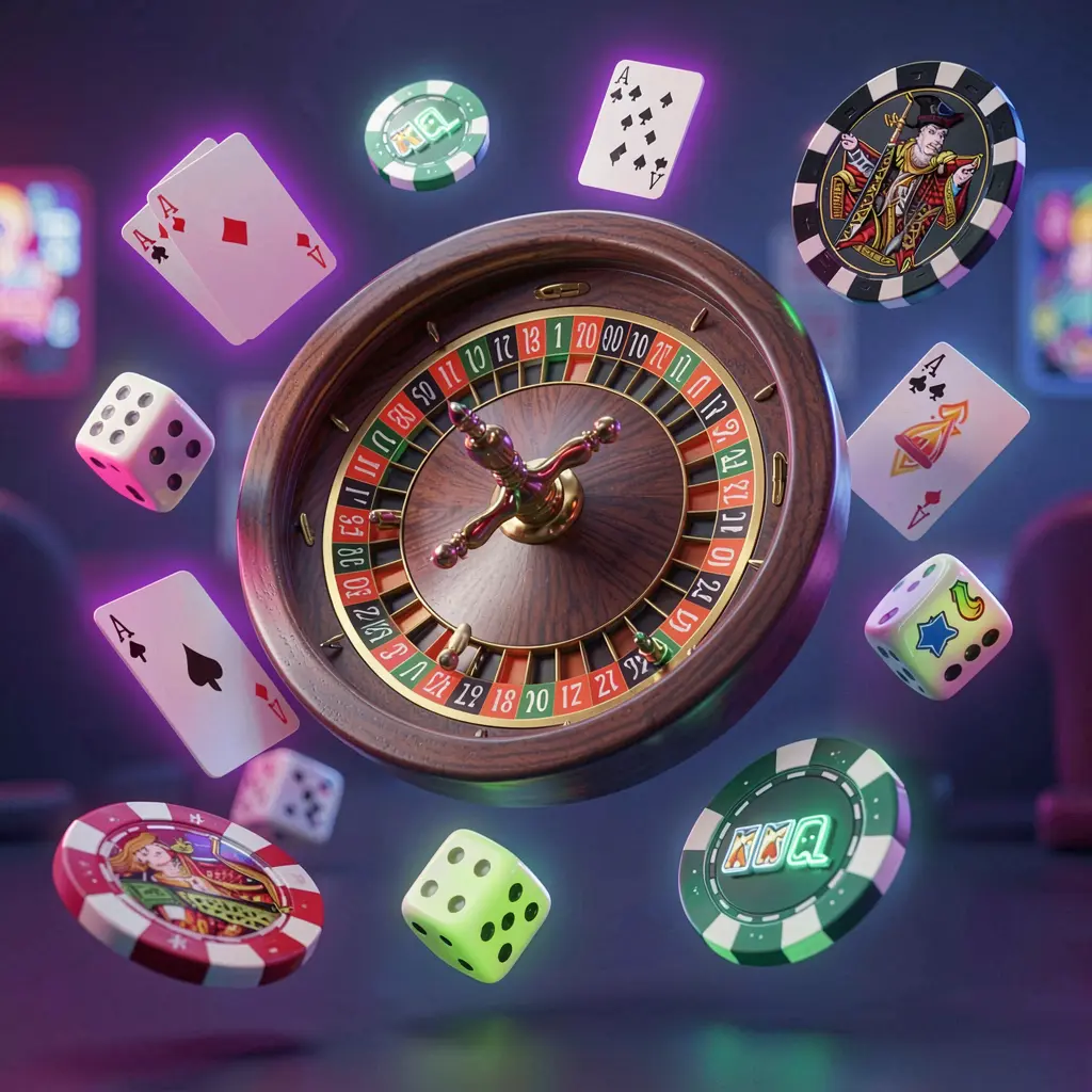 PI787 online casino games collection featuring a roulette wheel, blackjack cards, dice, slot symbols, and poker chips floating together with neon glow in a premium 3D render PI787 online casino games collection featuring a roulette wheel, blackjack cards, dice, slot symbols, and poker chips floating together with neon glow in a premium 3D render