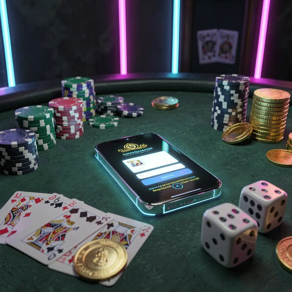 PI787 casino account sign in scene with glowing smartphone on casino table surrounded by cards, chips, dice, and gold coins against an elegant dark background with neon highlights PI787 casino account sign in scene with glowing smartphone on casino table surrounded by cards, chips, dice, and gold coins against an elegant dark background with neon highlights