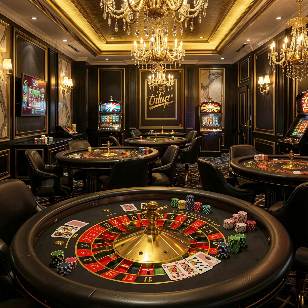PI787 luxury online casino lobby with glowing roulette tables, golden lights, poker chips and cards in a premium black and gold design PI787 luxury online casino lobby with glowing roulette tables, golden lights, poker chips and cards in a premium black and gold design